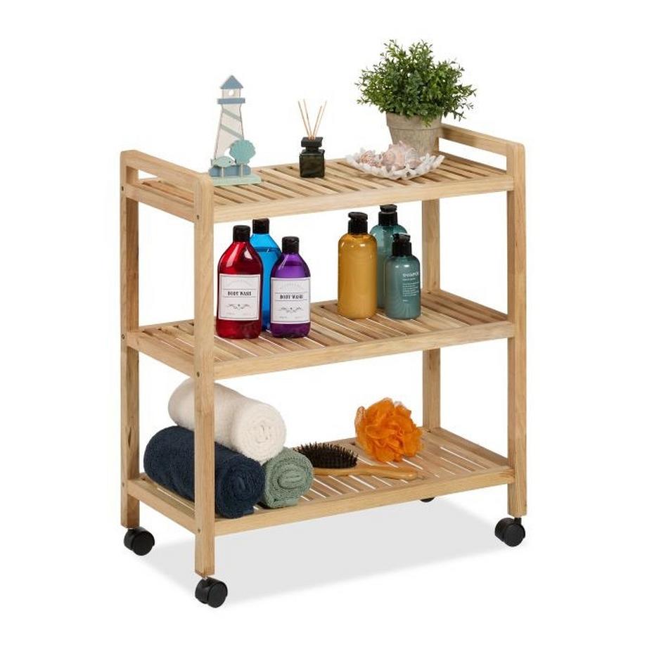 Badezimmerregal aus Holz mit Rädern