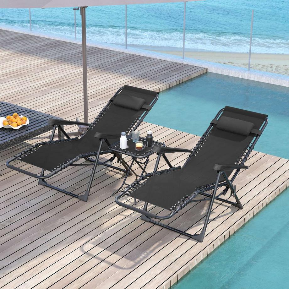 Northio Gartenliege Set 3-TLG. Klappbar Sonnenliege mit Teetisch 2 Stühle Kopfkissen, Outdoor Liege wetterfest Relaxliege Liegestuhl aus Metall Strandliege für Garten, Terrasse 90x56x110 cm Schwarz Aosom  