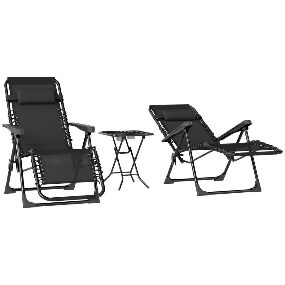 Northio Gartenliege Set 3-TLG. Klappbar Sonnenliege mit Teetisch 2 Stühle Kopfkissen, Outdoor Liege wetterfest Relaxliege Liegestuhl aus Metall Strandliege für Garten, Terrasse 90x56x110 cm Schwarz Aosom  