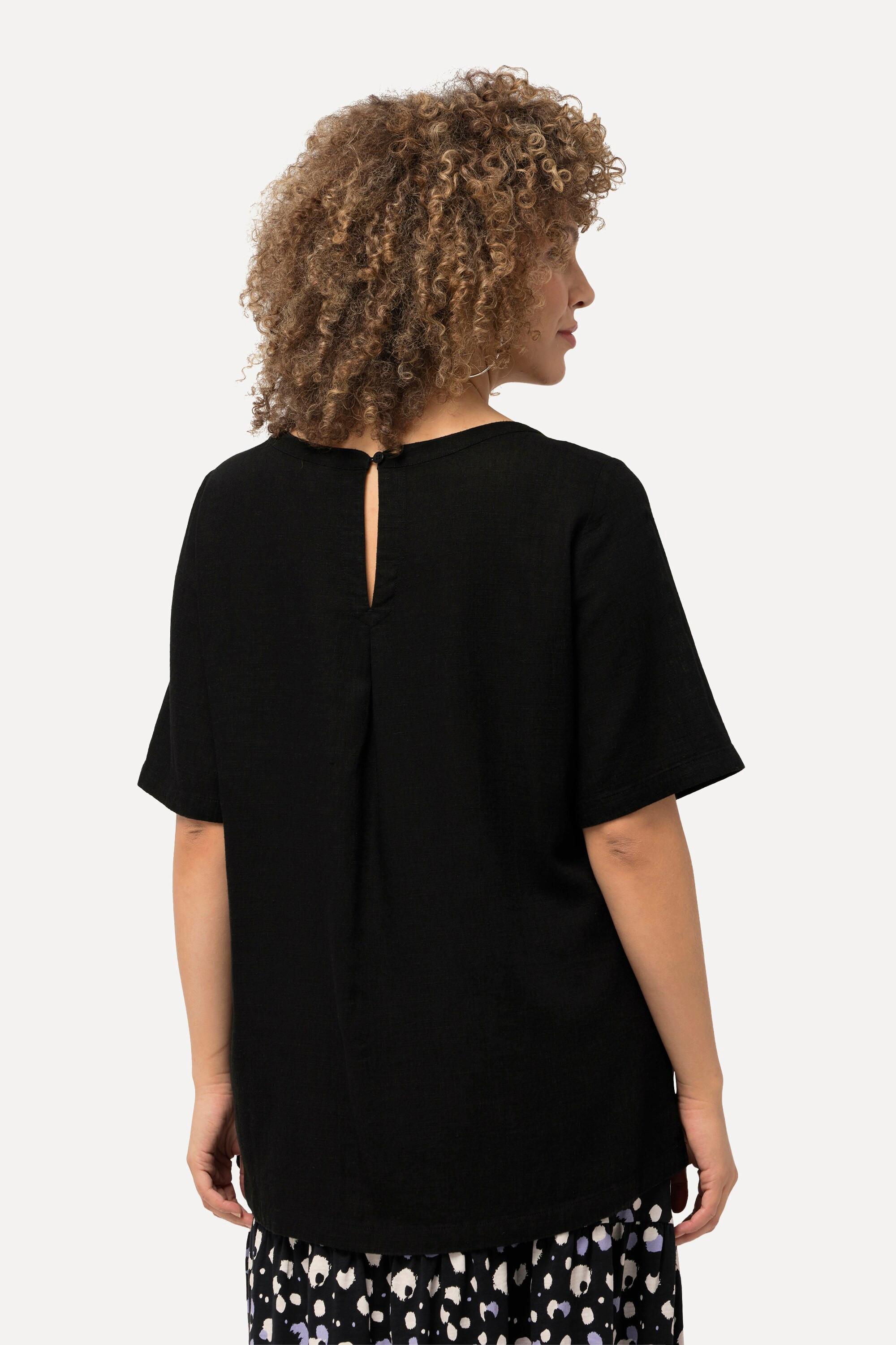 Ulla Popken  Blouse ligne A en lin mélangé, encolure ronde et manches courtes 