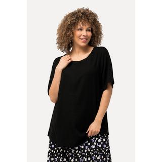 Ulla Popken  Blusa dal taglio svasato in misto lino con scollo a girocollo e mezze maniche 