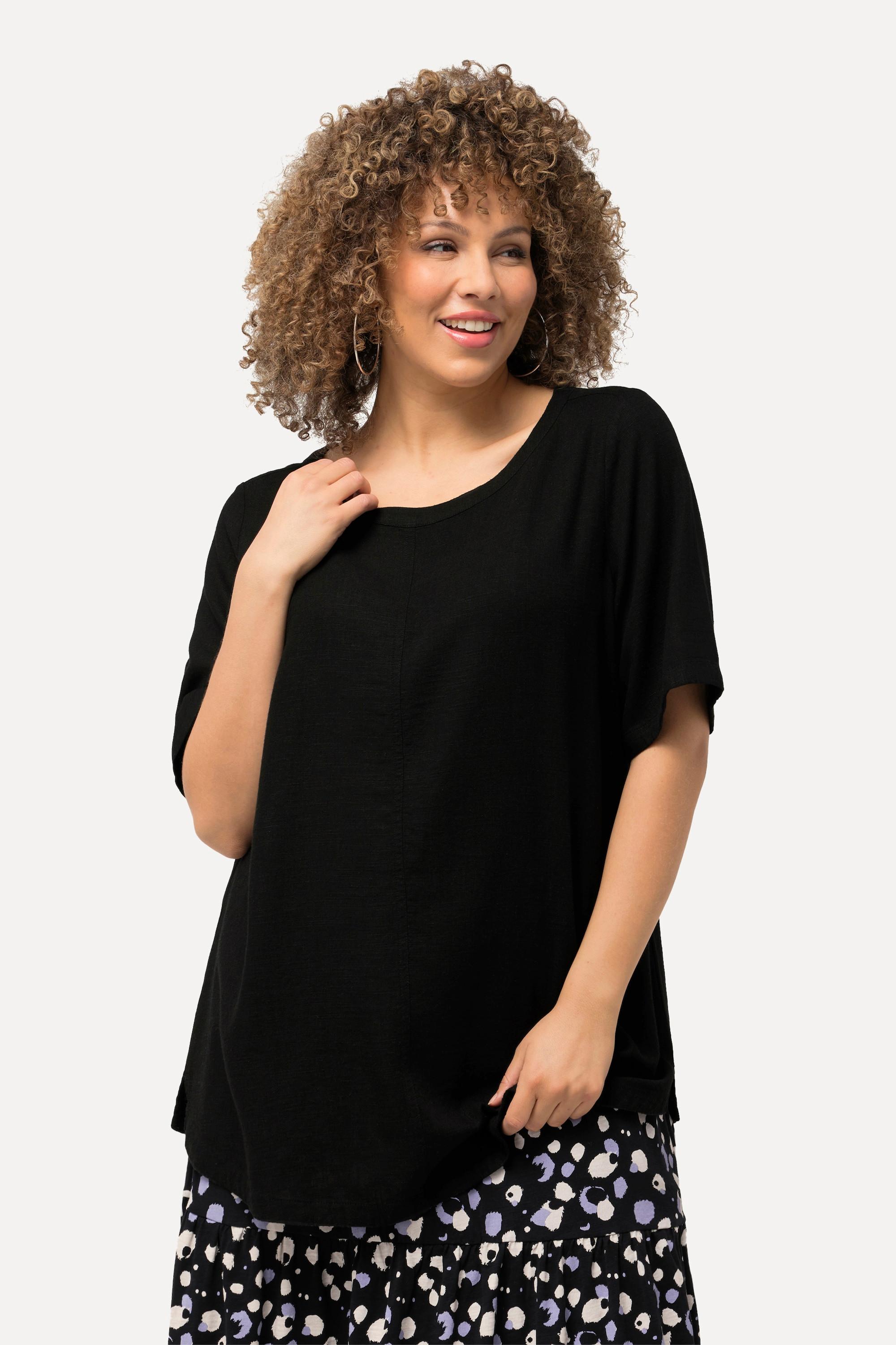 Ulla Popken  Blusa dal taglio svasato in misto lino con scollo a girocollo e mezze maniche 