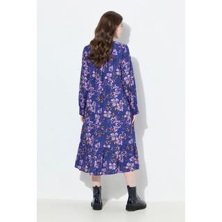 Ulla Popken Midi Blüten A-Linie V-Ausschnitt Langarm Kleid  