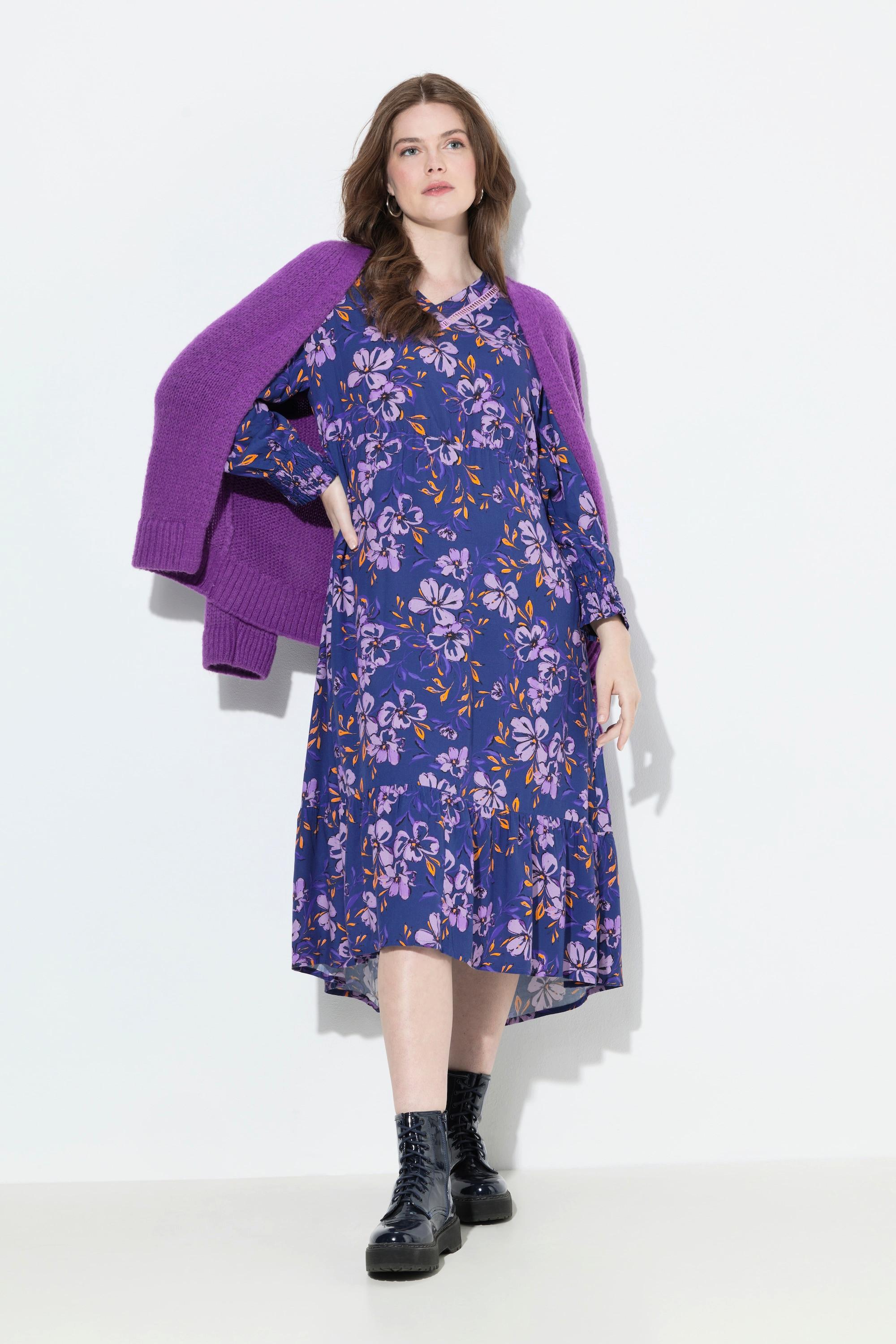 Ulla Popken Midi Blüten A-Linie V-Ausschnitt Langarm Kleid  