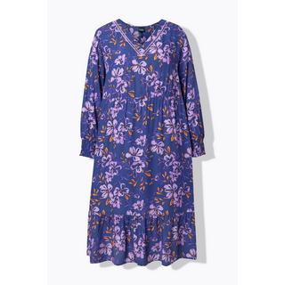 Ulla Popken Midi Blüten A-Linie V-Ausschnitt Langarm Kleid  