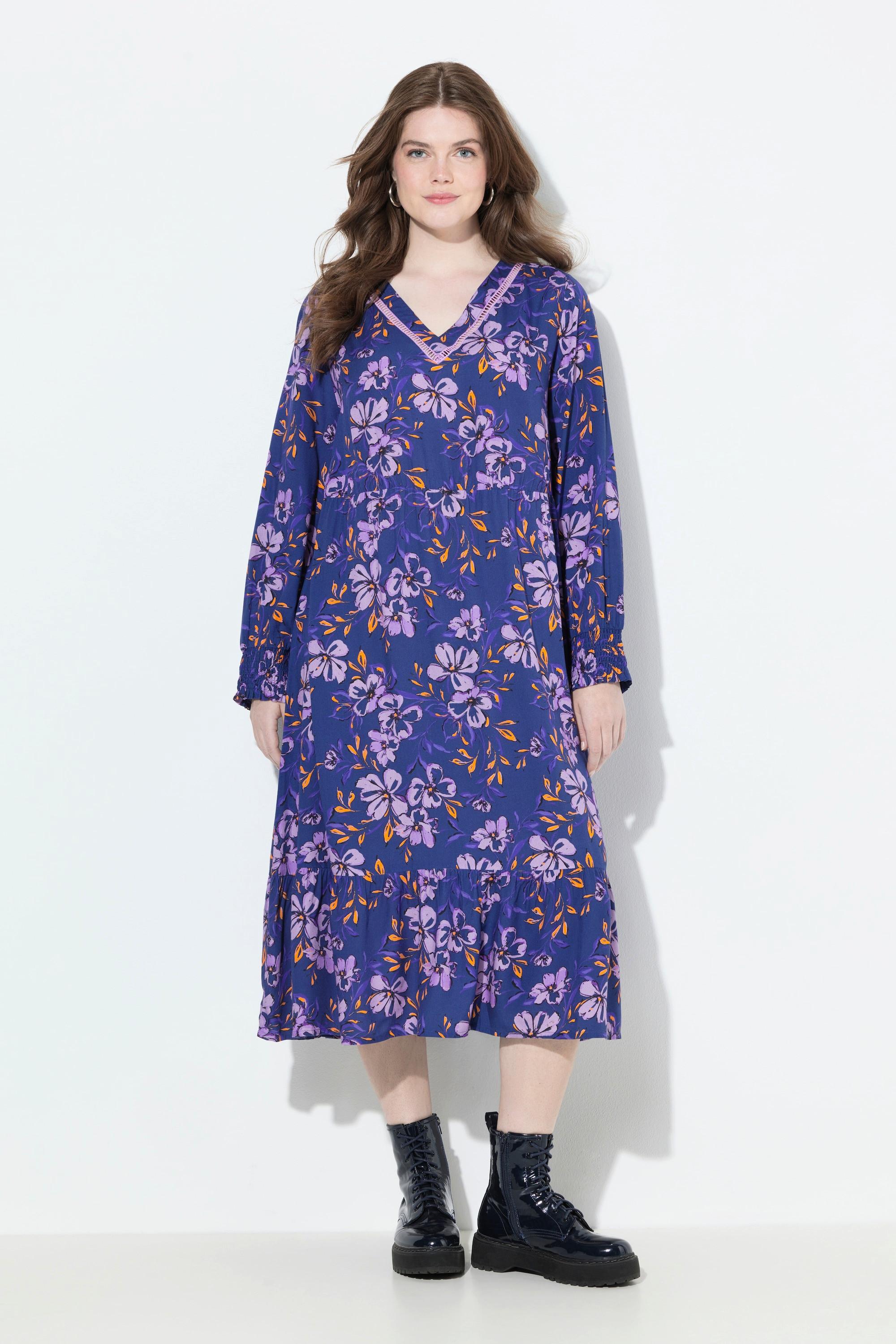 Ulla Popken Midi Blüten A-Linie V-Ausschnitt Langarm Kleid  