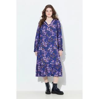 Ulla Popken Midi Blüten A-Linie V-Ausschnitt Langarm Kleid  