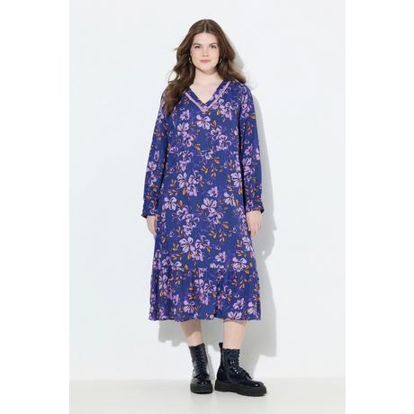 Ulla Popken Midi Blüten A-Linie V-Ausschnitt Langarm Kleid  