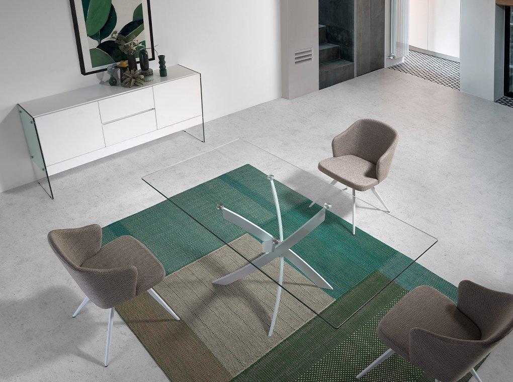 ANGEL CERDA Table à manger rectangulaire verre trempé et acier blanc  