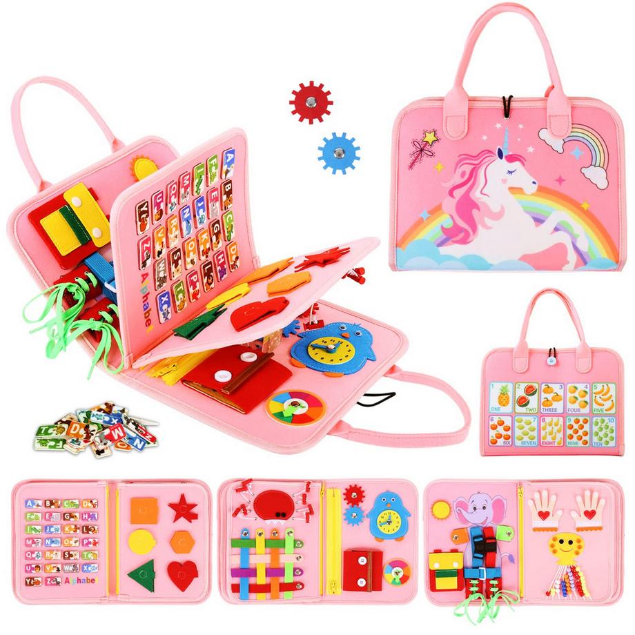 Busy Board 6-lagiges Aktivitätsbrett für Kleinkinder, Motorikspielzeug, Baby-Sensorik-Lernspielzeug, Motorikbrett für Reisen, Auto, Flugzeug