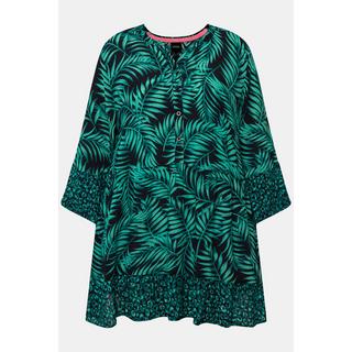 Ulla Popken  Blouse longue avec motif palmiers, col tunisien et manches courtes. Ligne A 