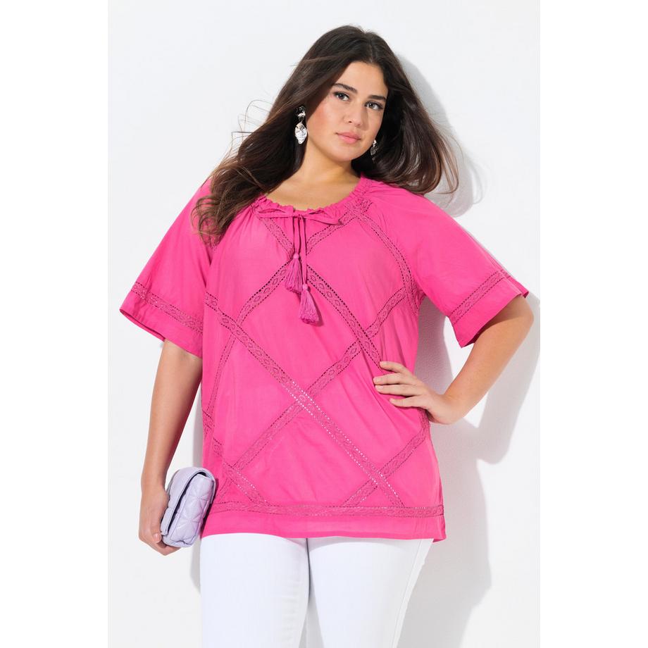 Ulla Popken Blouse Dentelle Crochet Col Rond Manches Courtes  