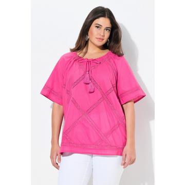 Blusa con pizzo all'uncinetto, scollo a girocollo e mezze maniche