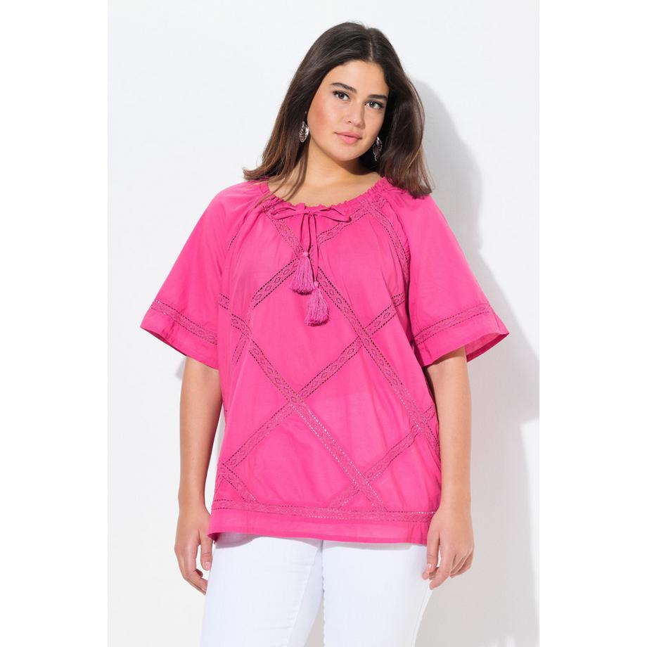 Ulla Popken Blouse Dentelle Crochet Col Rond Manches Courtes  