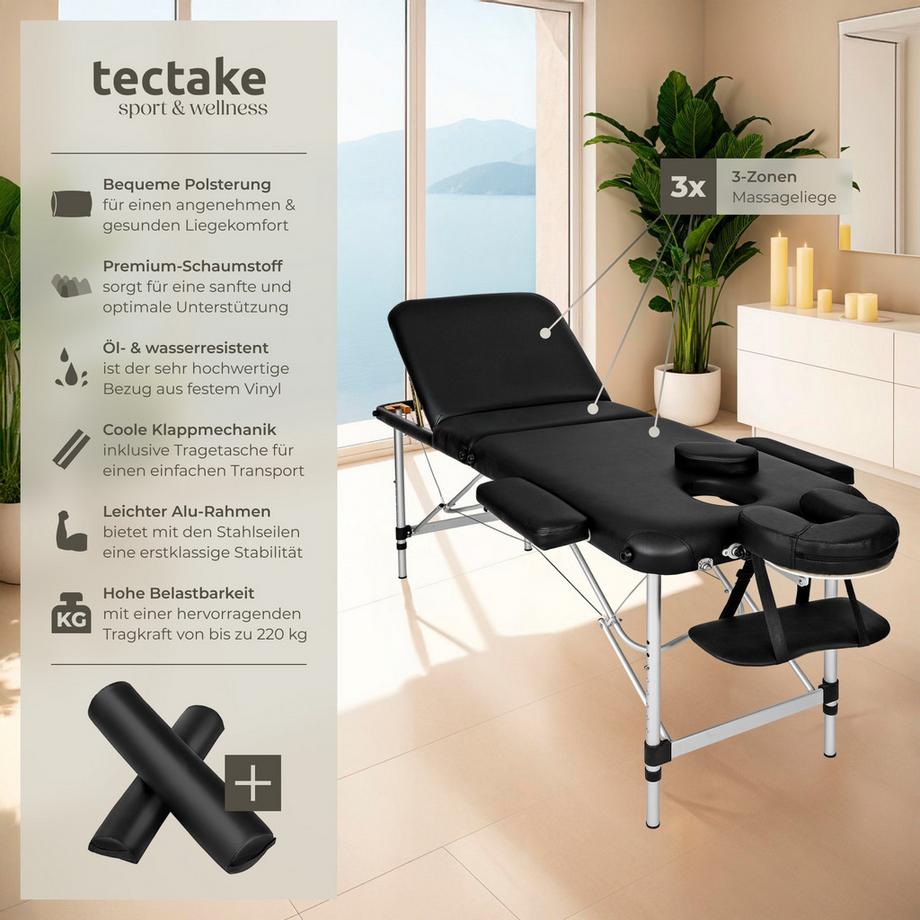 Tectake 3 Zonen Massageliege mit 5cm Polsterung, Rollen und Aluminiumgestell  