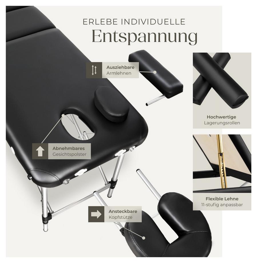 Tectake 3 Zonen Massageliege mit 5cm Polsterung, Rollen und Aluminiumgestell  
