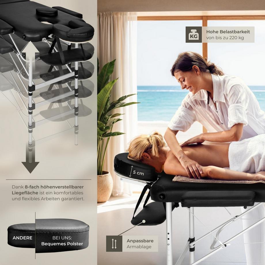 Tectake 3 Zonen Massageliege mit 5cm Polsterung, Rollen und Aluminiumgestell  