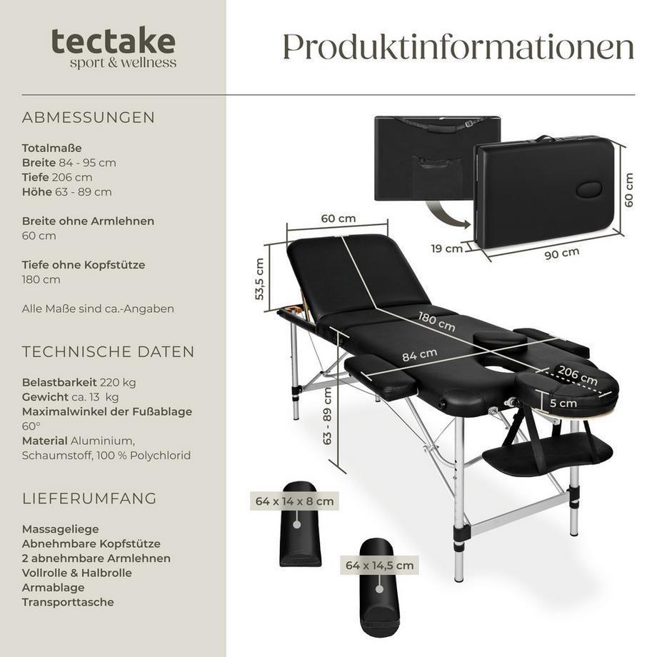 Tectake 3 Zonen Massageliege mit 5cm Polsterung, Rollen und Aluminiumgestell  