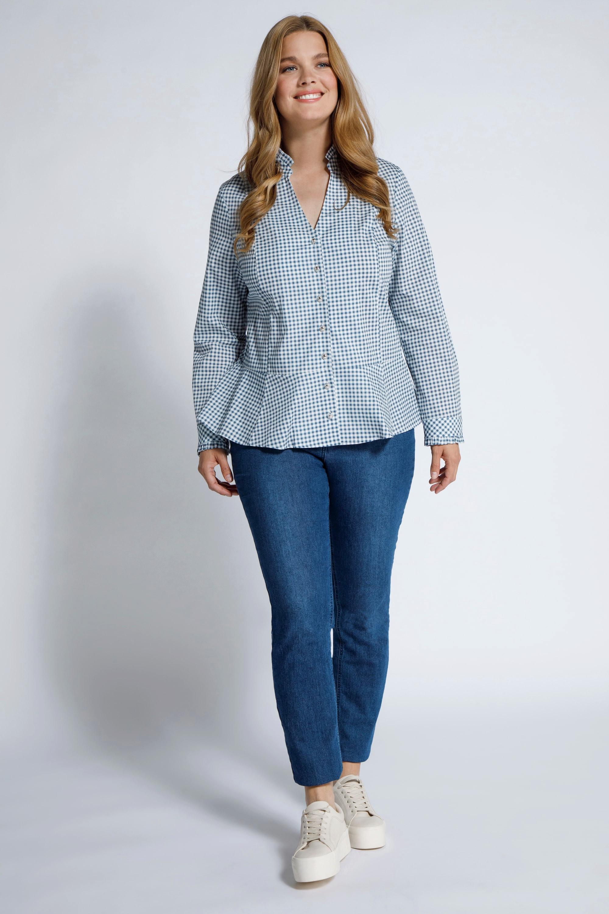 Ulla Popken  Blouse, carreaux, ruhcßes, basque, encolure V, manches longues 