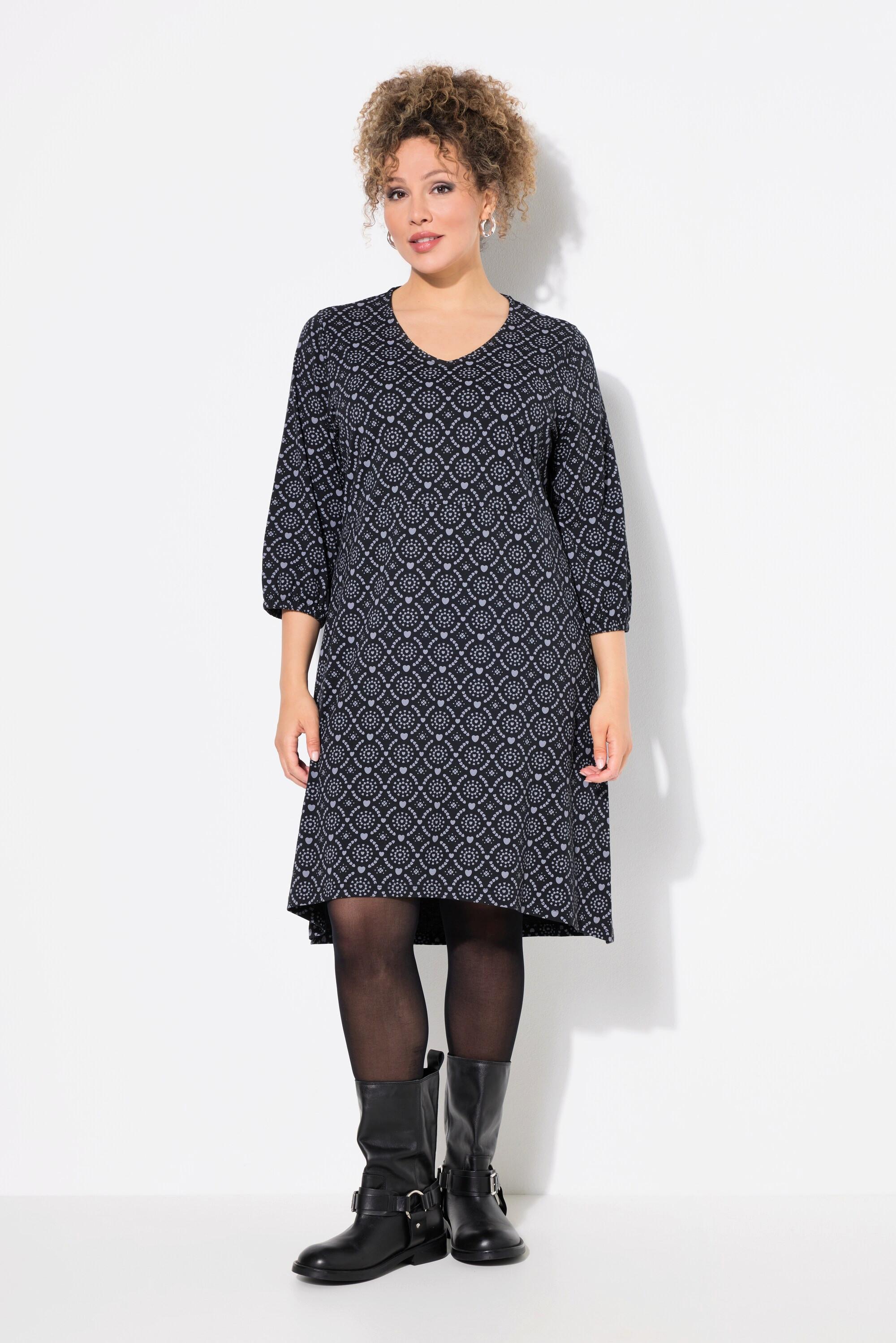 Ulla Popken  Robe en jersey, décolleté en V et manches 3/4, coupe évasée 