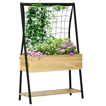 Hochbeet Rankgitter Pflanzkasten Mit Ablage & Vlies-Innenverkleidung, Blumenkasten, Natur, 80X30X128Cm