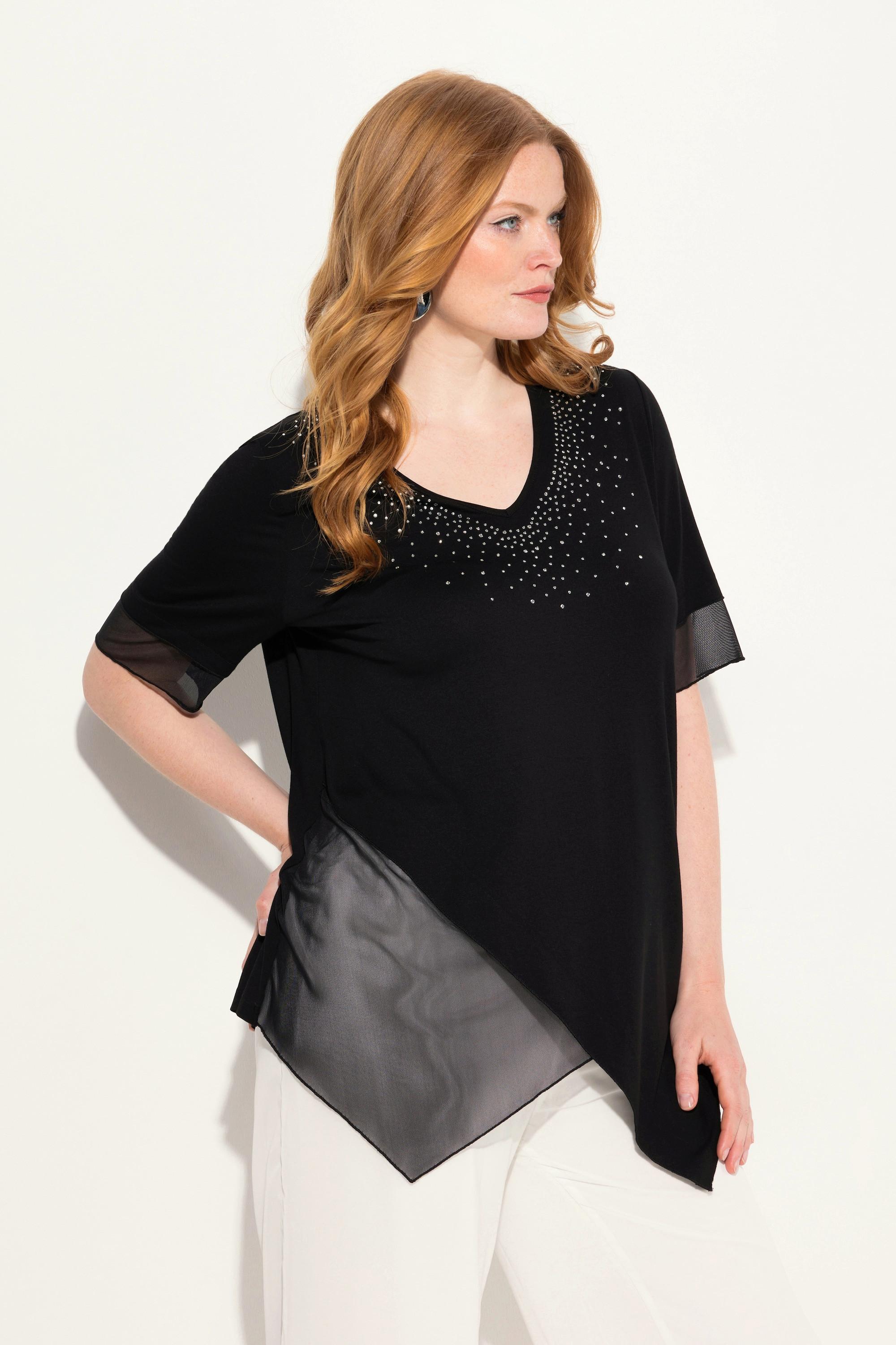 Ulla Popken Bluse Layering-Look Mesh Jersey Zipfelsaum  