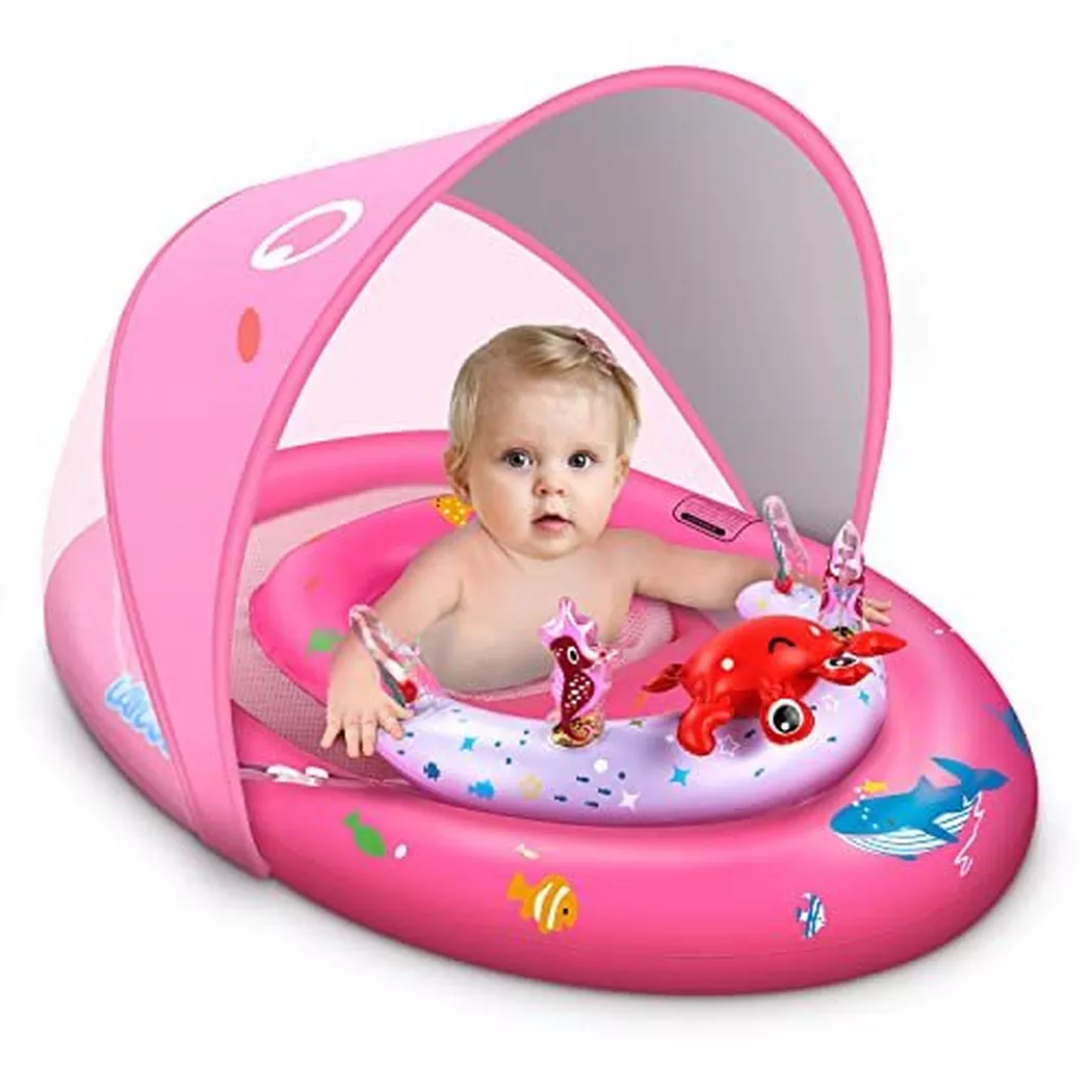 Activity-board - Schwimmring Baby mit UPF50+ Sonnendach & Spielzeug, Schwimmhilfe Baby für Pool, Kleinkind Pool, One Size, Pink