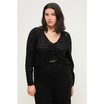 Pull ajouré coupe Loose Fit avec ruban à fronces, lisières ondulées et manches longues