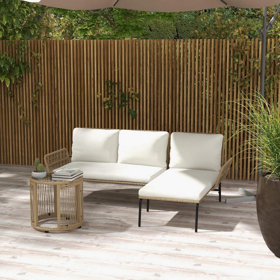 Northio Salon de jardin en rotin avec transat, table basse, deux places et coussin d'assise crème pour terrasse et balcon  