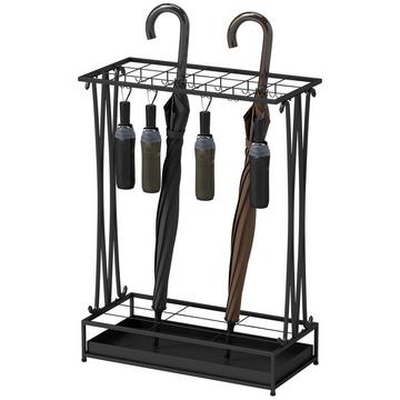 Portaombrelli Portaombrelli in Acciaio Portaombrelli Rettangolare con 24 Ganci, 21 Fori, Vassoio Raccogli Acqua Removibile per Bastoni da Passeggio e Ombrelli 50 x 24 x 68 cm Nero