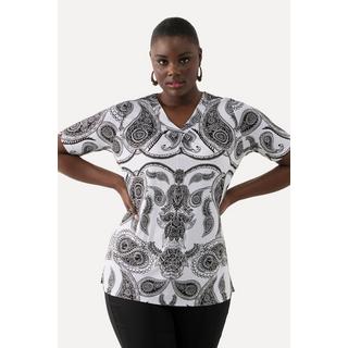 Ulla Popken  T-shirt en tissu fluide slinky motif cachemire, à col V et manches courtes 