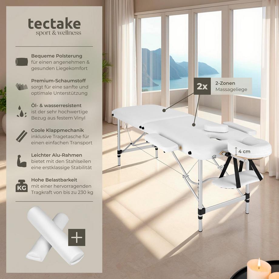 Tectake 2 Zonen Massageliege mit Polsterung, Massagerollen und Aluminiumgestell  