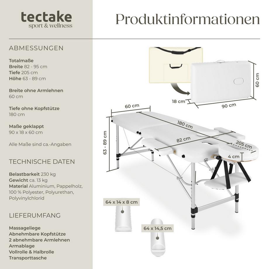 Tectake 2 Zonen Massageliege mit Polsterung, Massagerollen und Aluminiumgestell  