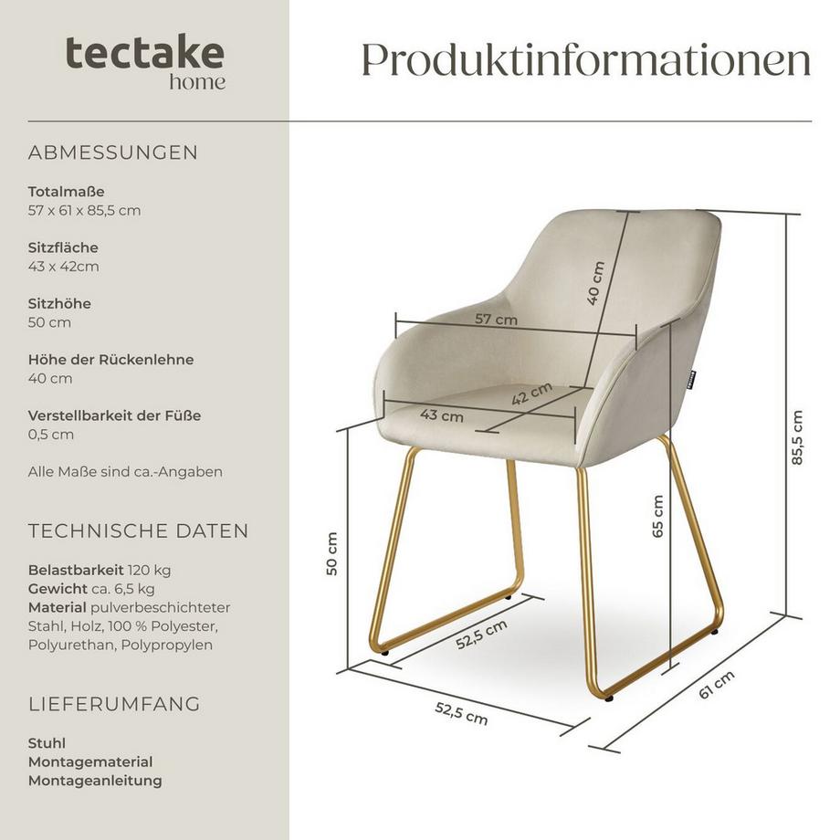 Tectake Esszimmerstuhl Jeane gepolstert, in Samtoptik höhenverstellbare Füße  