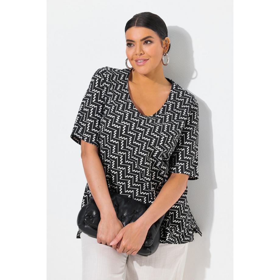 Ulla Popken T-shirt Stampa Grafica Scollo a V Taglio Svasato Mezze Maniche  