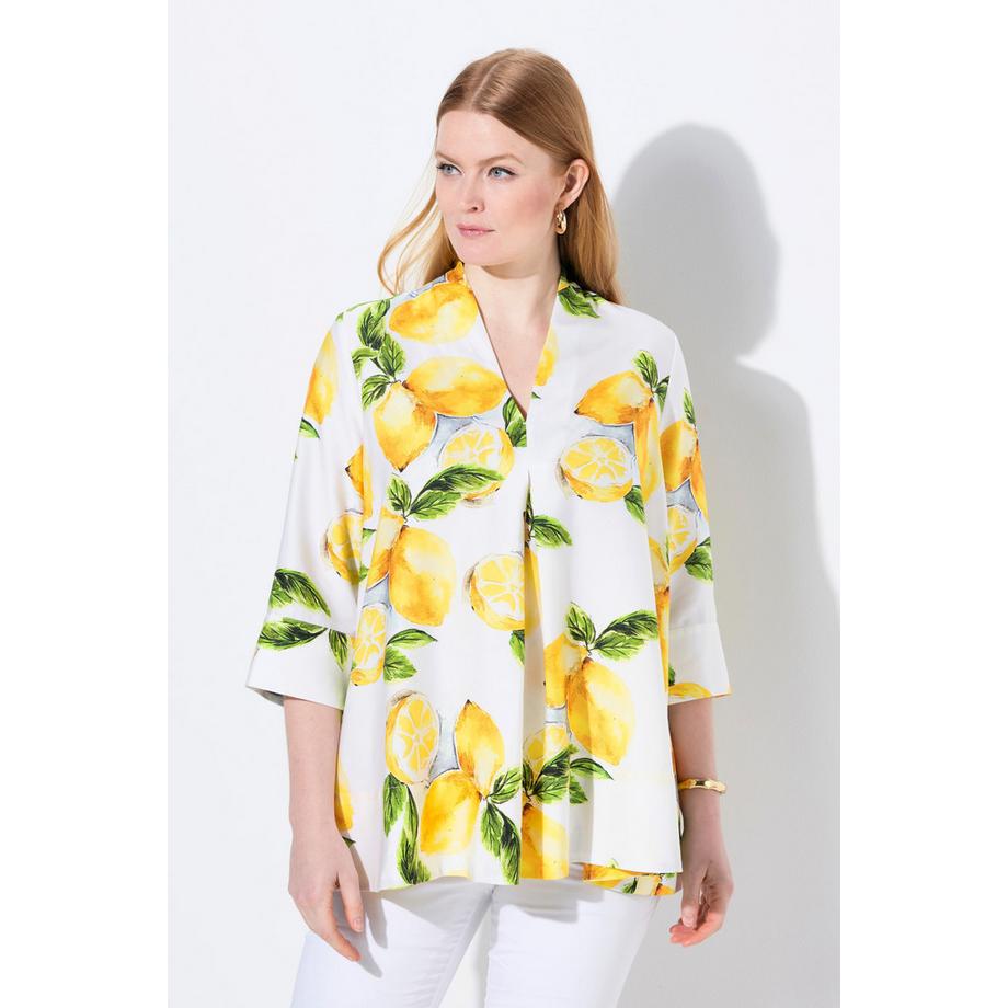 Ulla Popken Tunique Lyocell Citrons Coupe Evasée Col Cygne Manches 3/4  