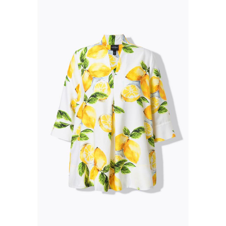 Ulla Popken Tunique Lyocell Citrons Coupe Evasée Col Cygne Manches 3/4  