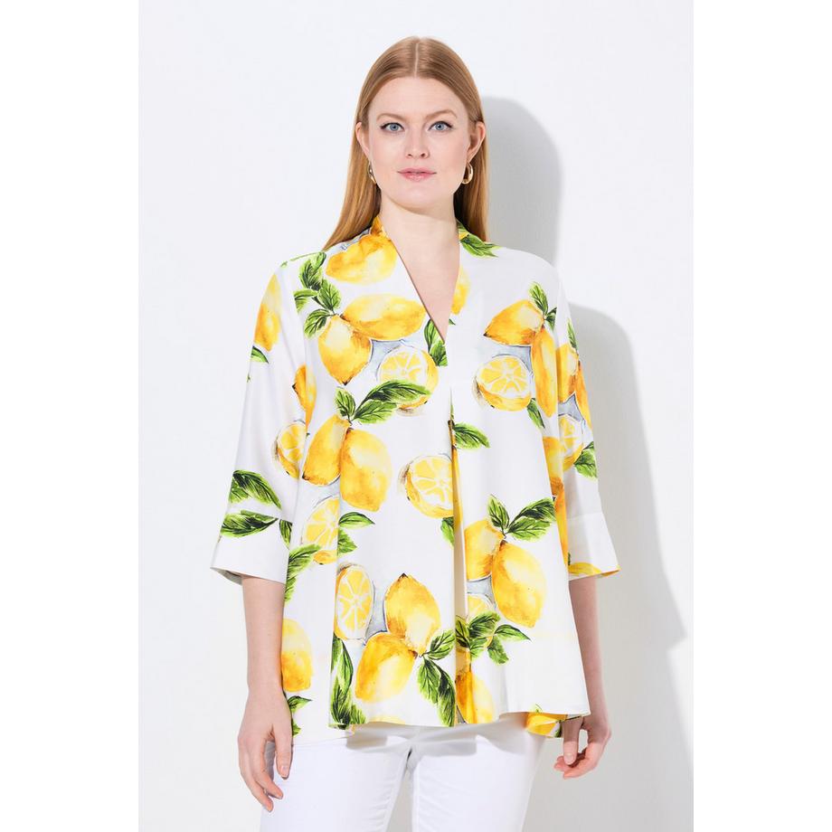 Ulla Popken Tunique Lyocell Citrons Coupe Evasée Col Cygne Manches 3/4  