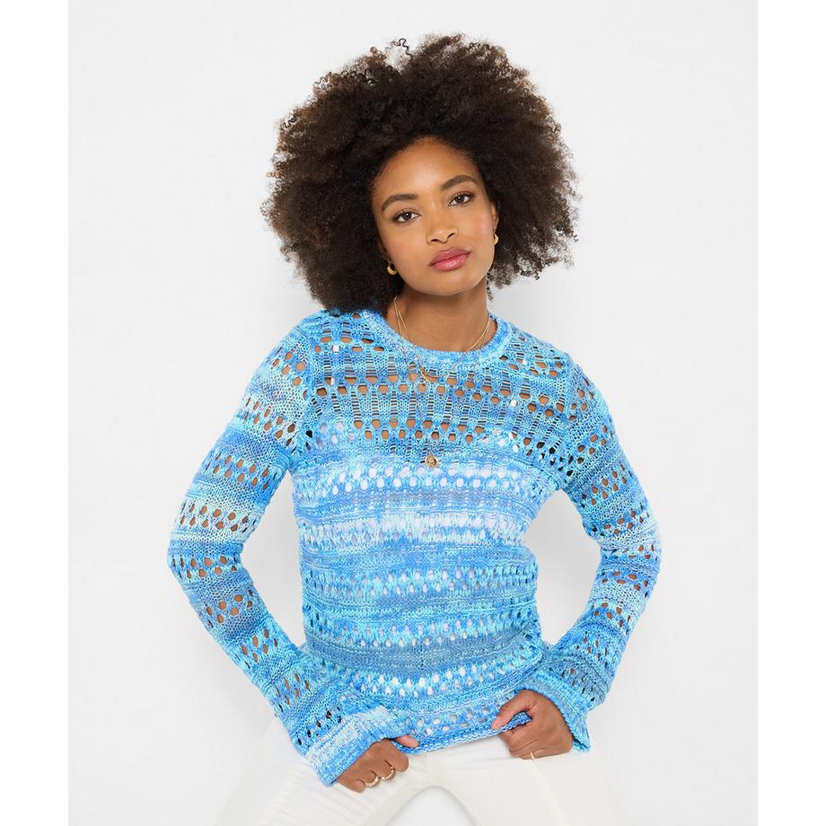 Lochstrick-Pullover mit langen, ausgestellten Ärmeln