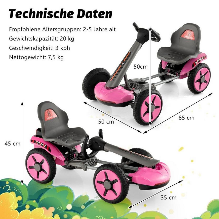B2X  12V Kinder Elektro Gokart mit LED & 2-fach Verstellbarem Lenkrad & SitzLichter Rosa 
