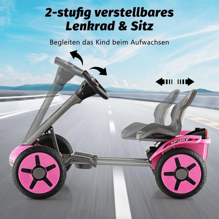 B2X  12V Kinder Elektro Gokart mit LED & 2-fach Verstellbarem Lenkrad & SitzLichter Rosa 