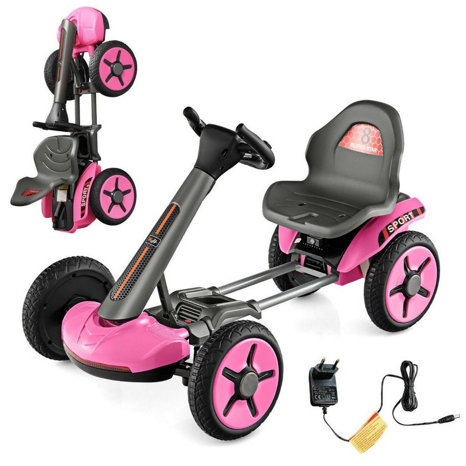 B2X  12V Kinder Elektro Gokart mit LED & 2-fach Verstellbarem Lenkrad & SitzLichter Rosa 