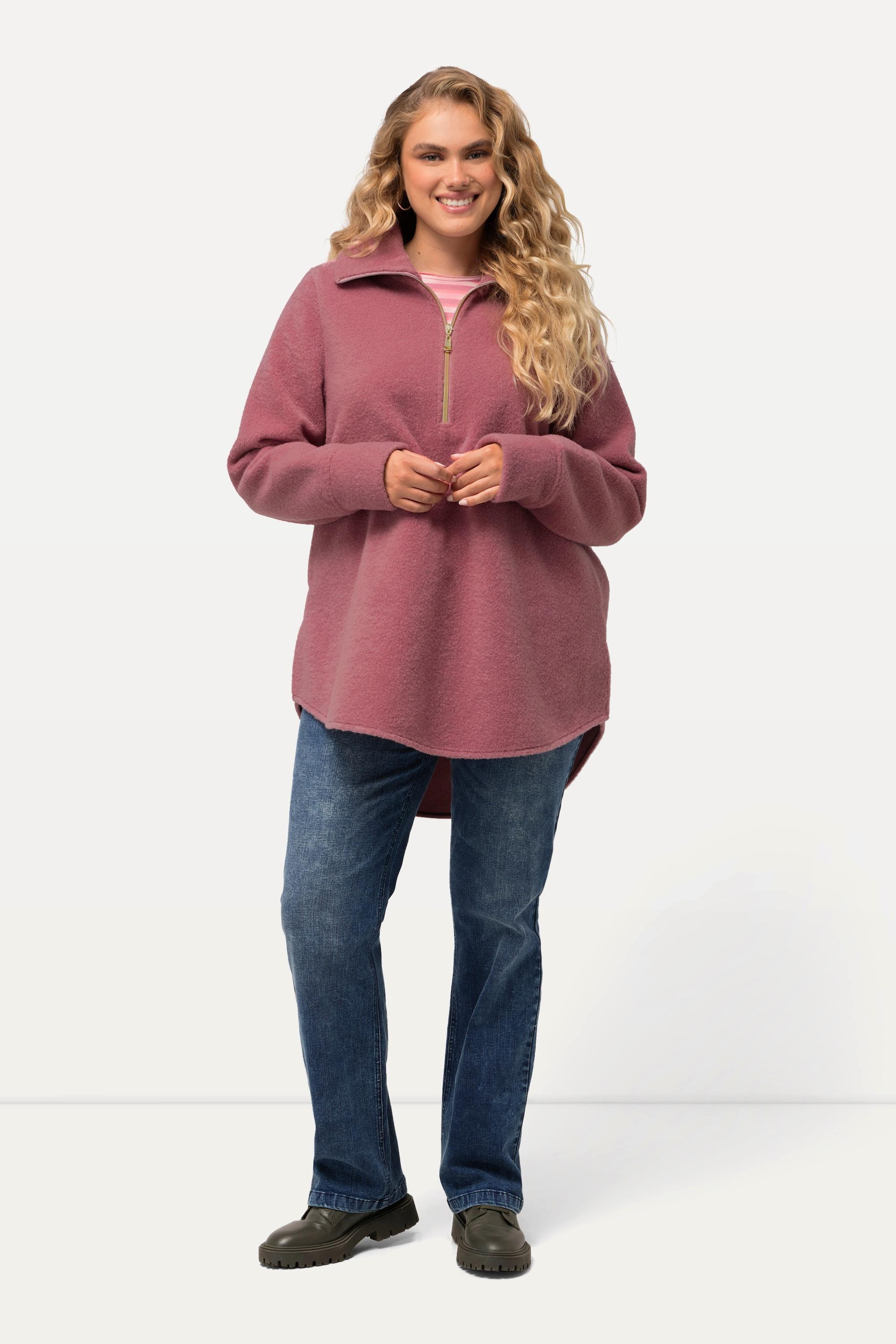 Ulla Popken  Sweat-shirt en polaire à col montant et manches longues, fermeture à glissière - silhouette en A 