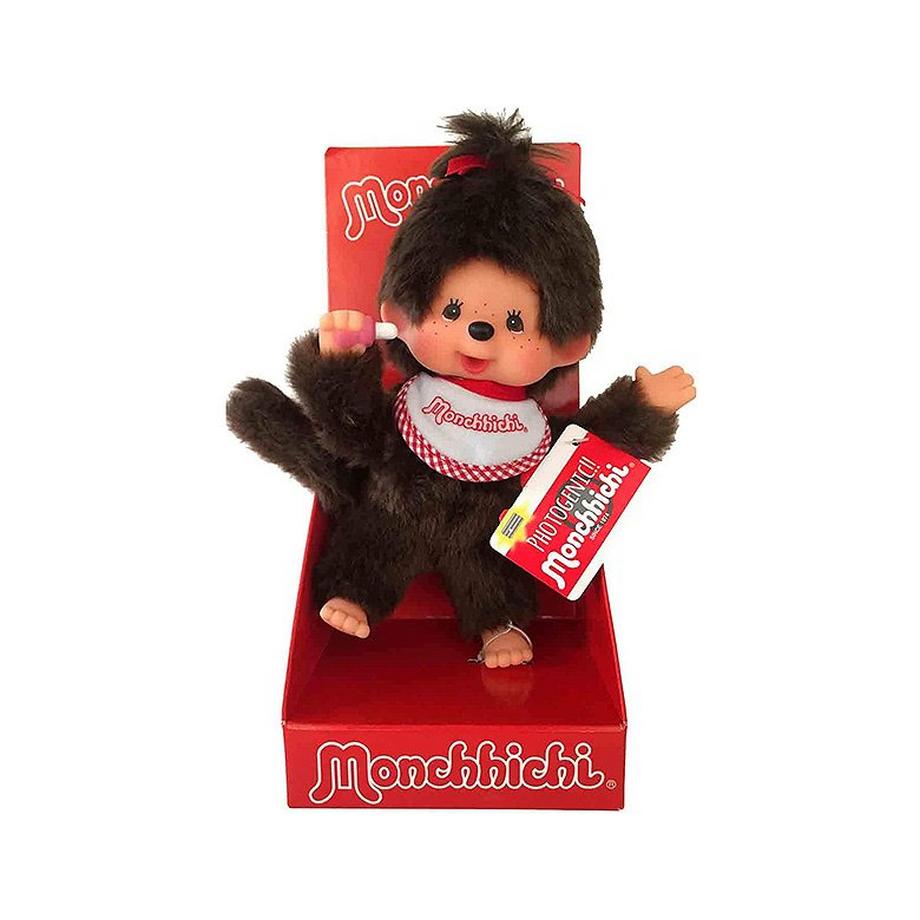 Monchhichi  Sekiguchi 255184 Original  Mädchen, aus em Plüsch, mit  em Lätzchen und er Schleife im Haar, ca. 20 cm 