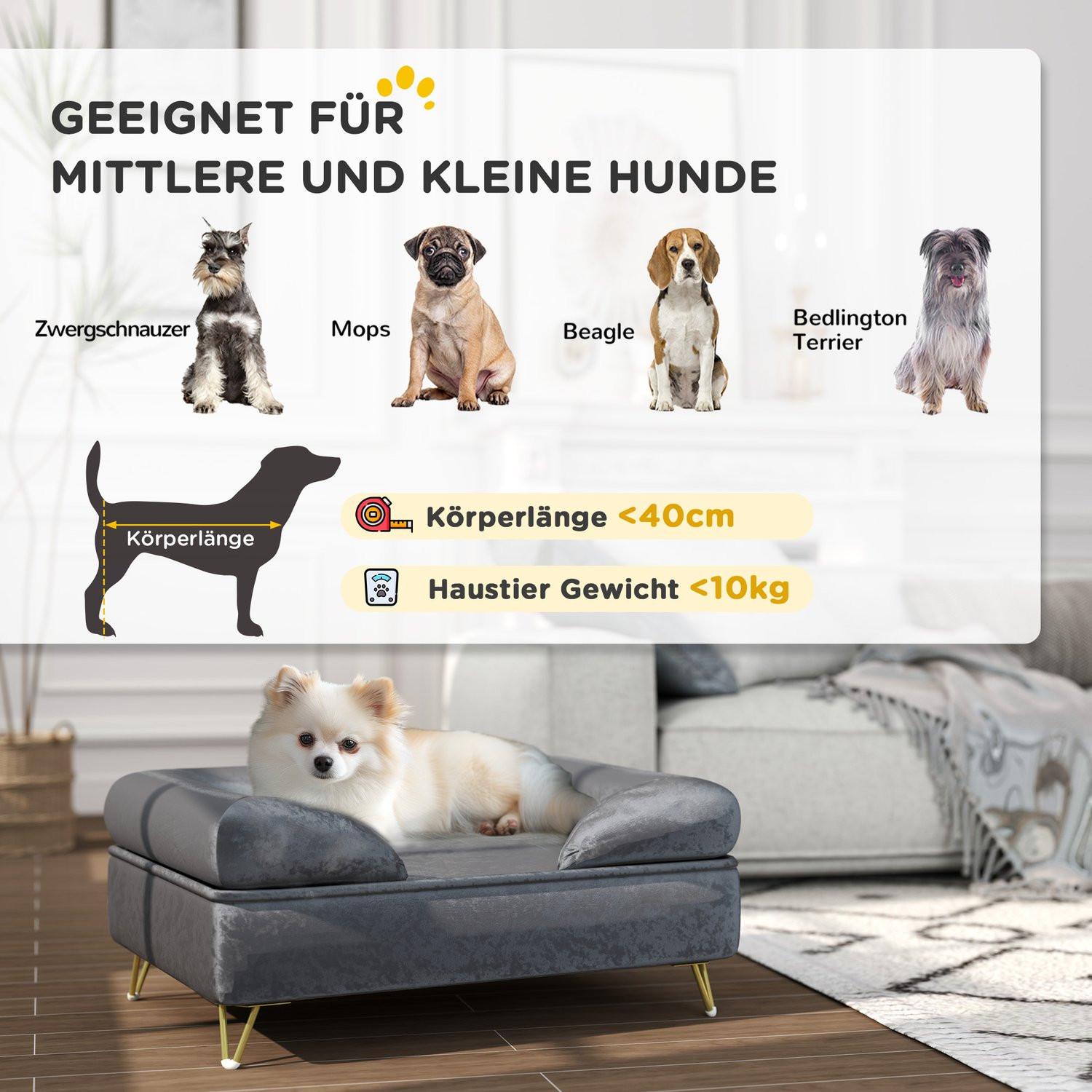 Northio  Hundebett Sofa für kleine und mittelgroße Hunde, 76x53,5x34cm, Belastbarkeit 10 kg, eingeklappte Rückenlehne, Metallfüße, Samt, Grau 