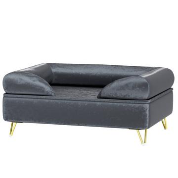 Hundebett Sofa für kleine und mittelgroße Hunde, 76x53,5x34cm, Belastbarkeit 10 kg, eingeklappte Rückenlehne, Metallfüße, Samt, Grau