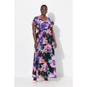 Maxi abito dal taglio svasato con fiori, scollo a V e mezze maniche