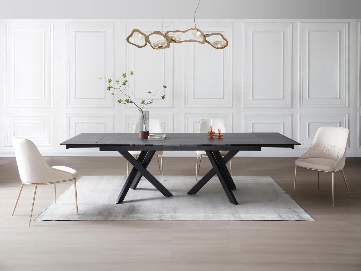 Vente-unique Table à manger extensible 8 à 12 couverts en verre trempé et céramique - Effet marbre noir - MARISO  