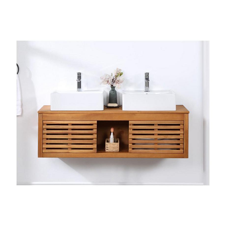 Meuble de salle de bain suspendu en bois d'acacia avec double vasque 1 PENEBEL