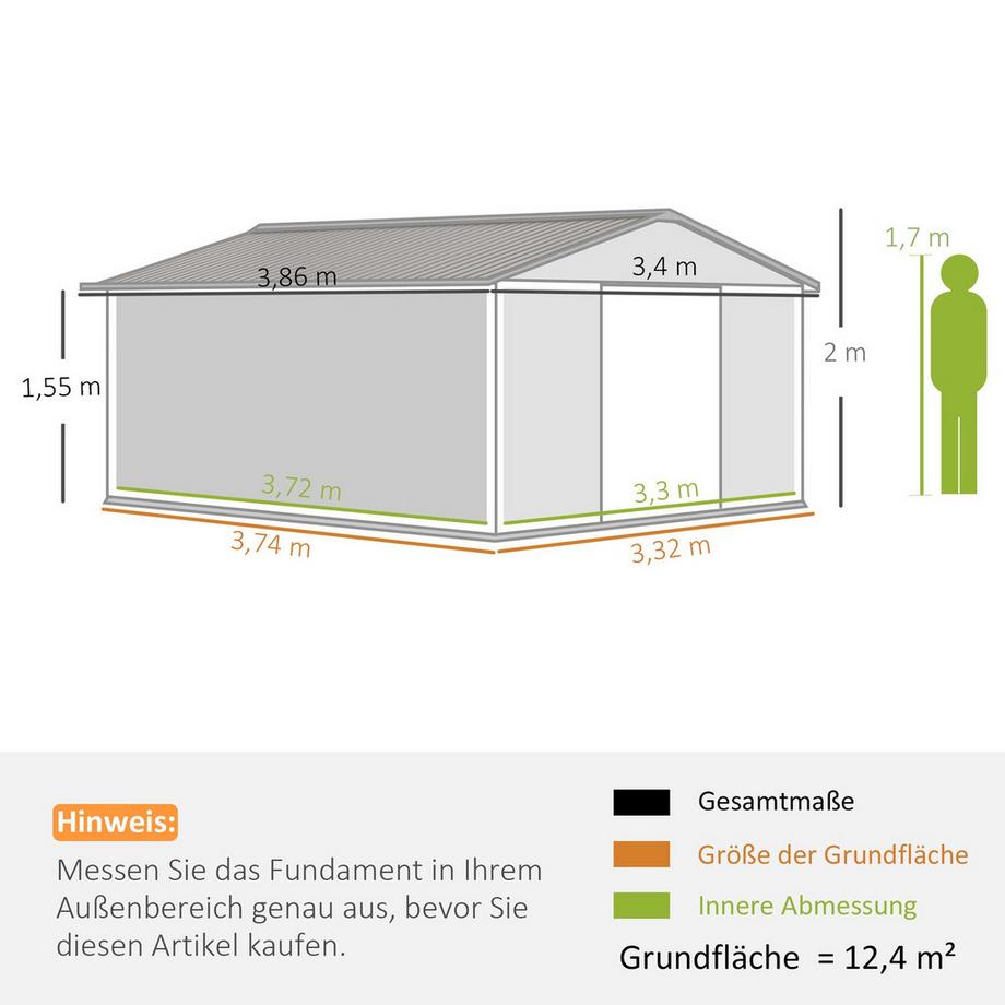 Northio Gerätehaus 12,4 m², Gartenhaus mit Pultdach, Schiebetür, Fundament, 340 x 386 x 200 cm, Geräteschuppen aus Verzinkter Stahl, wetterfest, für Garten, Braun  